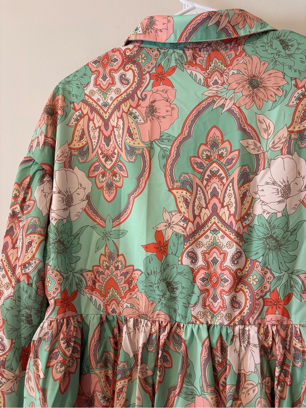 Summer Mint Green Paisley Floral Button-Up Babydoll Concert Dress - Picture 11 of 11